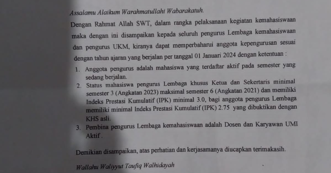 WR 3 UMI Keluarkan Edaran Pengurus Lembaga Maksimal Semester 6 Dengan IPK 3.0